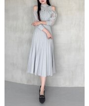 異素材ドッキングプリーツフレアニットワンピース