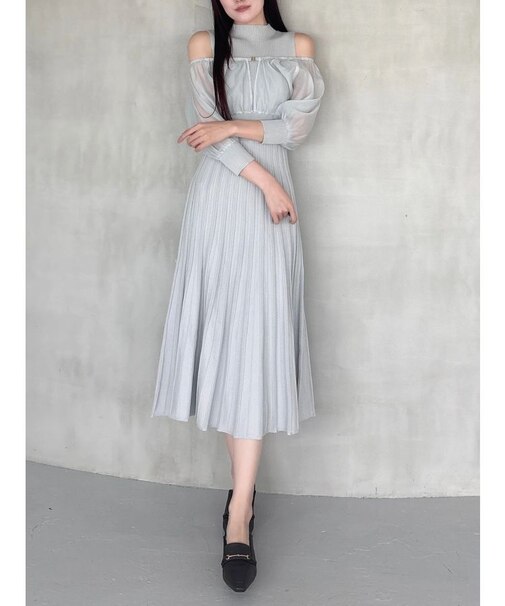 異素材ドッキングプリーツフレアニットワンピース