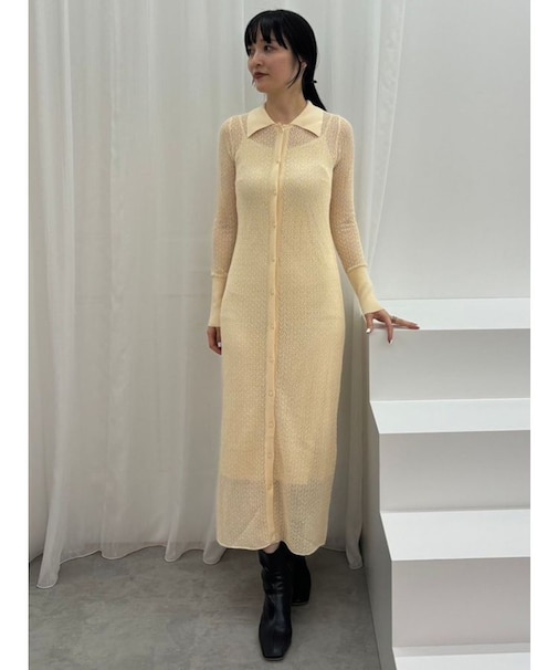 オープンワークパターンカラーニットワンピース