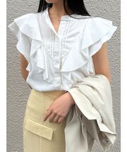 フリルピンタックノースリーブブラウス