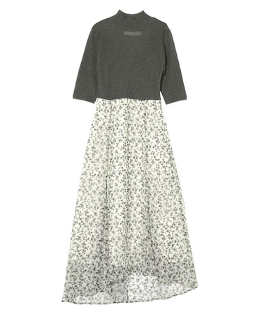 楊柳プリントニットドッキングワンピース