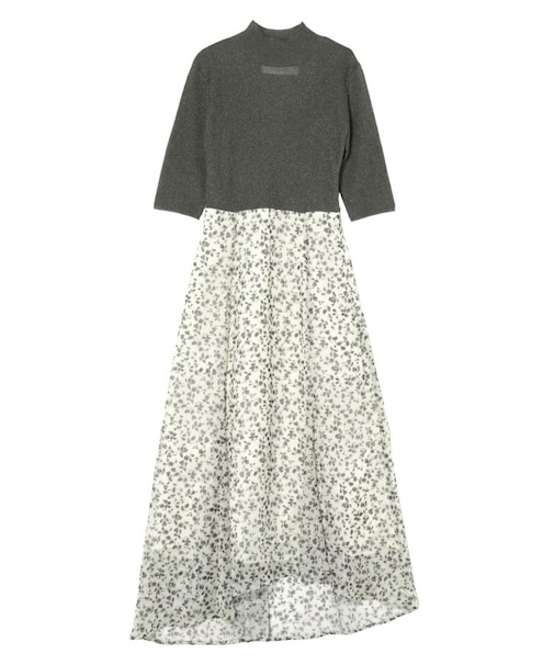 楊柳プリントニットドッキングワンピース