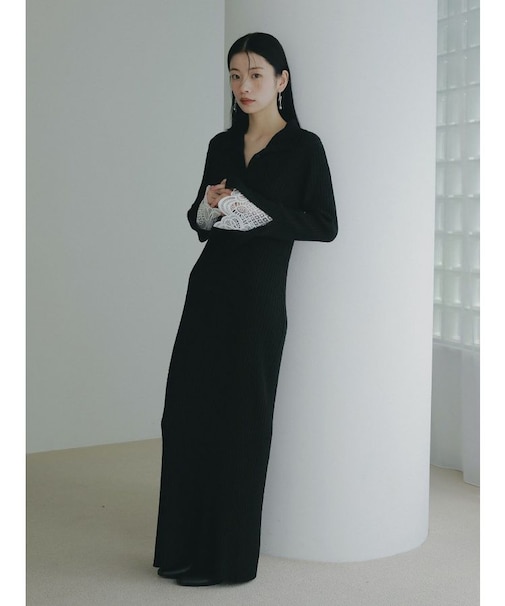 レーススリーブネップリブニットワンピース