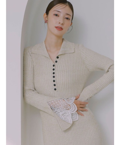 ラグナムーン　レーススリーブネップリブニットワンピース レーススリーブネップリブニットワンピース｜ラグナムーンの通販