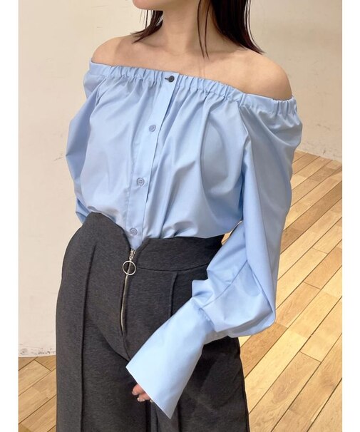 オフショルダー裾バイカラーブラウス