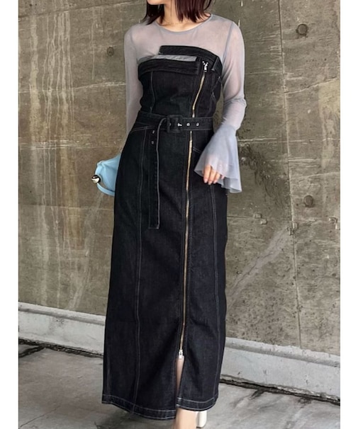 デニムアシンメトリーZIPベアワンピース