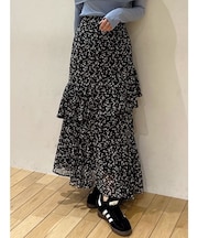 楊柳プリントアシンメトリーティアードスカート