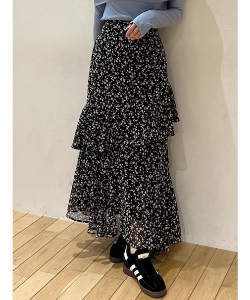 楊柳プリントアシンメトリーティアードスカート