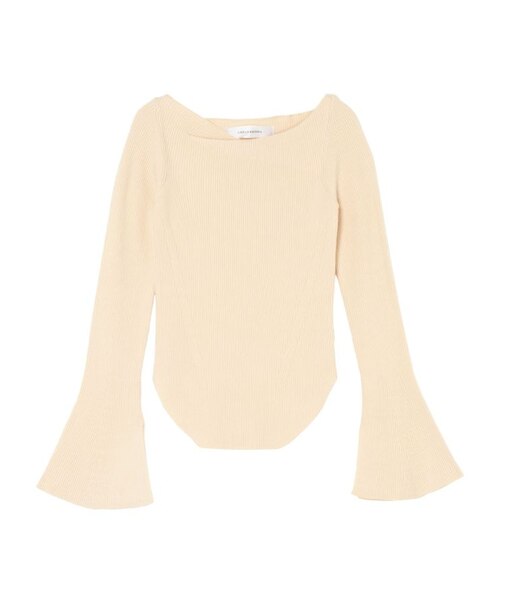 アシンメトリードレープフレアスリーブニット