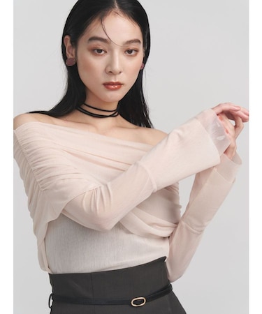 フレアスリーブオフショルチュールトップス