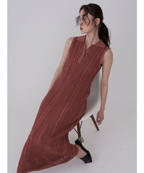 【追加生産】シャツカラーメランジニットワンピース