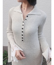 ラメブレンドレースカフスニットワンピース