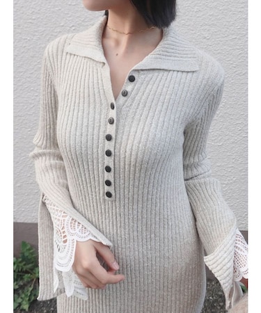 ラメブレンドレースカフスニットワンピース