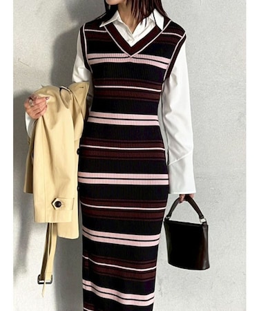 シャツレイヤードボーダーニットワンピース