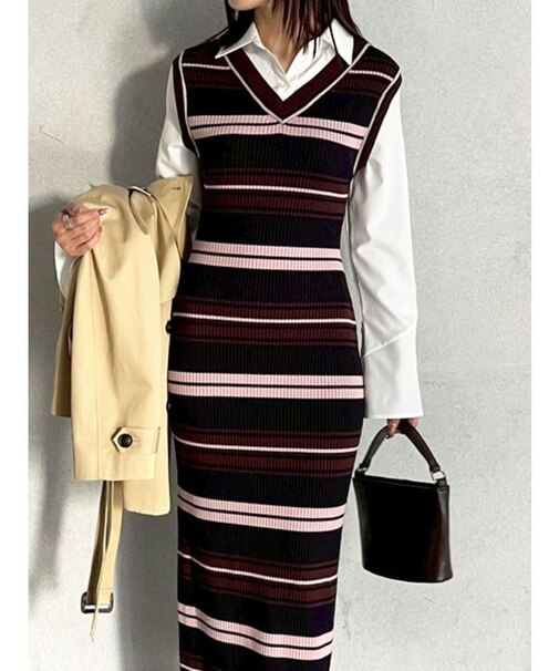 シャツレイヤードボーダーニットワンピース