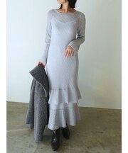 ニッティングパターンヘムフリルニットワンピース