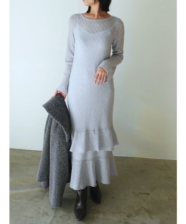 ニッティングパターンヘムフリルニットワンピース