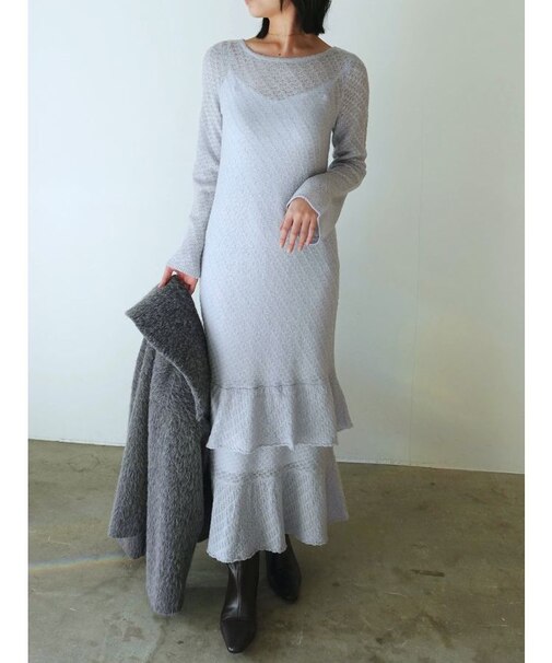 ニッティングパターンヘムフリルニットワンピース