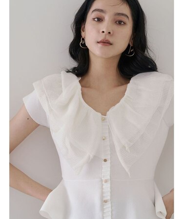 メッシュフリルペプラムニットプルオーバー