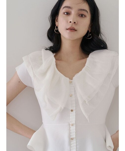 メッシュフリルペプラムニットプルオーバー