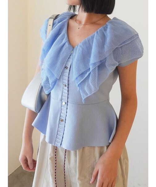 メッシュフリルペプラムニットプルオーバー