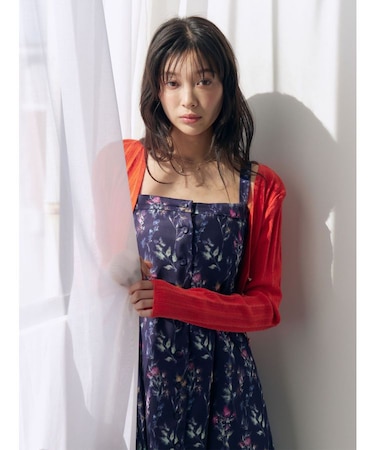 フロントボタンデザインフロ-ラルプリントサテンキャミワンピース