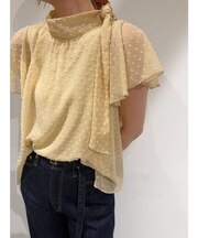 ボウタイハーフスリーブシアーブラウス