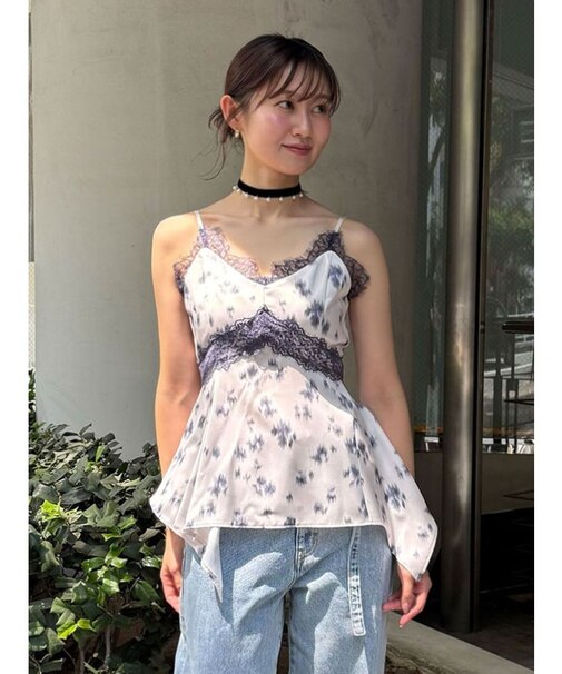 レーストリムデザインヘムサテンキャミトップス