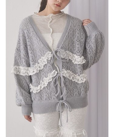 透かし編みフリルニットカーディガン