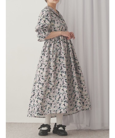 floralセーラーギャザーパフワンピース