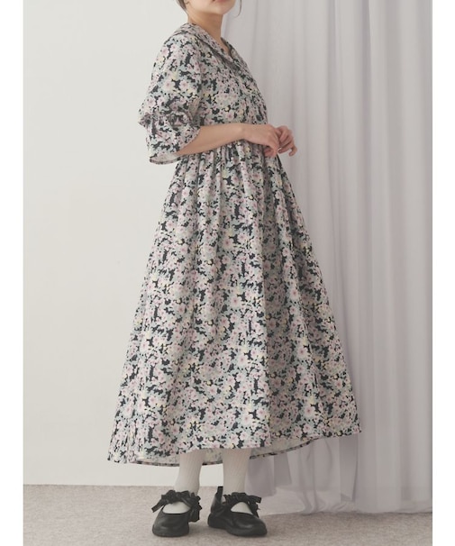floralセーラーギャザーパフワンピース