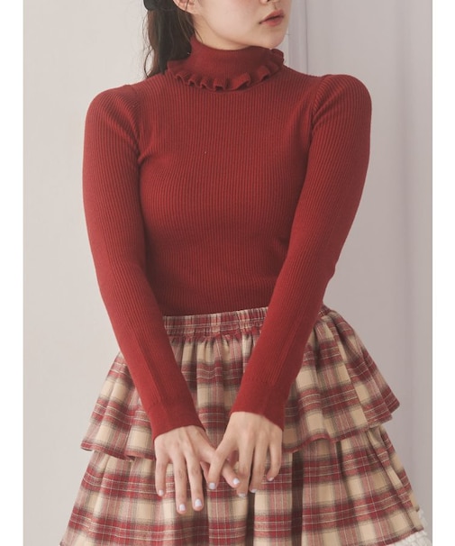 frillリブタートルニットtops