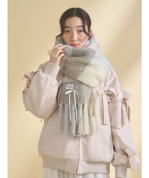 fluffy ribbonチェックマフラー