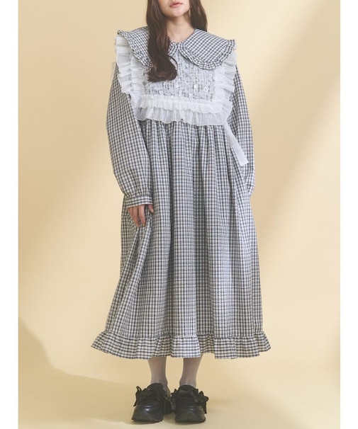 チェックフリルカラーワンピース