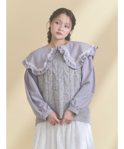 フリルカラーニットドッキングブラウス
