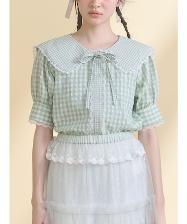 ギンガムパフスリーブブラウス