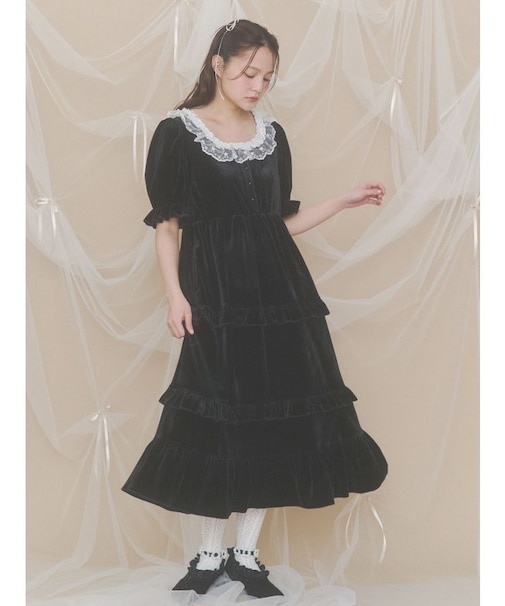 ベロアパフスリーブワンピース