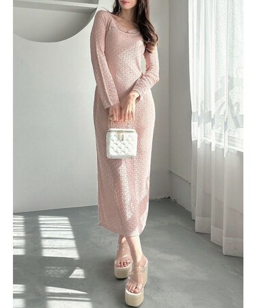 透かし編みロングワンピース