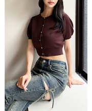 クルーネックハーフスリーブニットカーデ