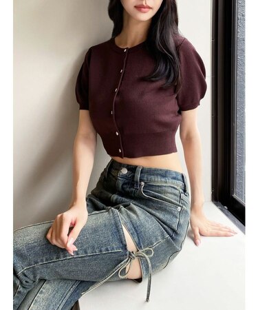 クルーネックハーフスリーブニットカーデ