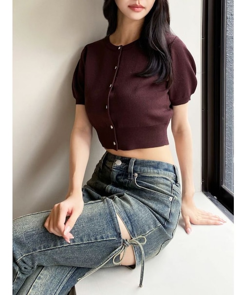 クルーネックハーフスリーブニットカーデ