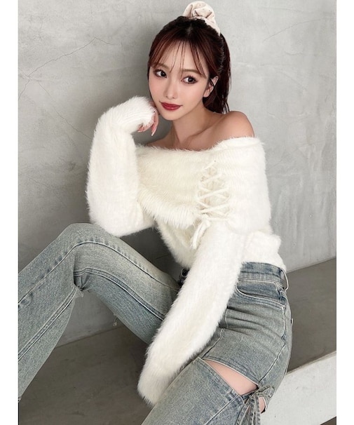 ストリングシャギーオフショルニットトップス