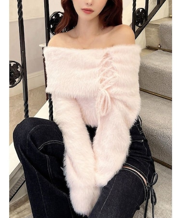 ストリングシャギーオフショルニットトップス