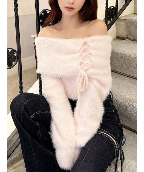 ストリングシャギーオフショルニットトップス