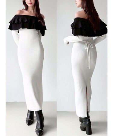 フリルタイトニットワンピース