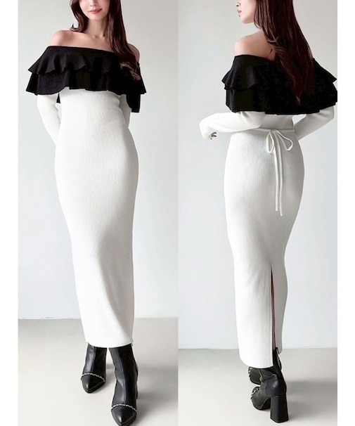 フリルタイトニットワンピース