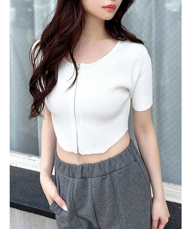 ジップデザインクロップドニットトップス