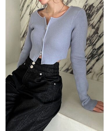 ジップデザインクロップドニットトップス