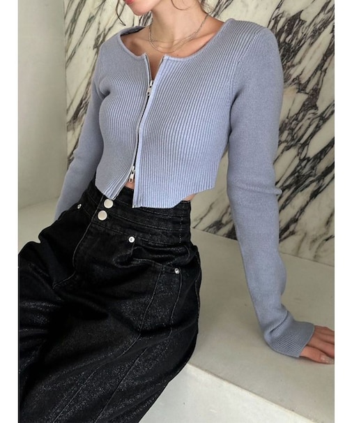 ジップデザインクロップドニットトップス