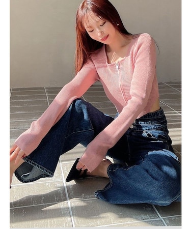 ジップデザインクロップドニットトップス